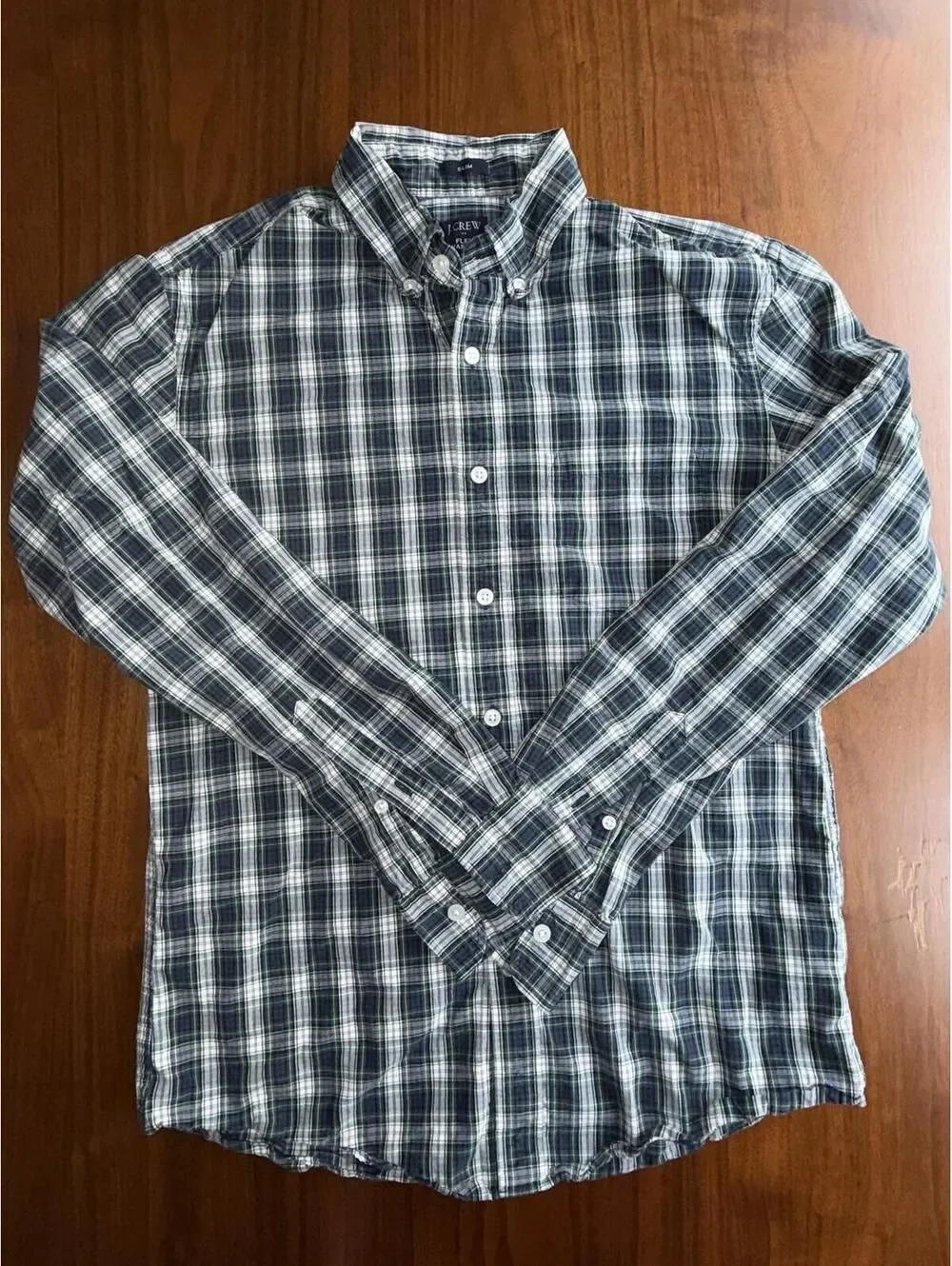 J.Crew Men's Slim Flex Washed Button Front Shirt Navy & Green Plaid - Size M